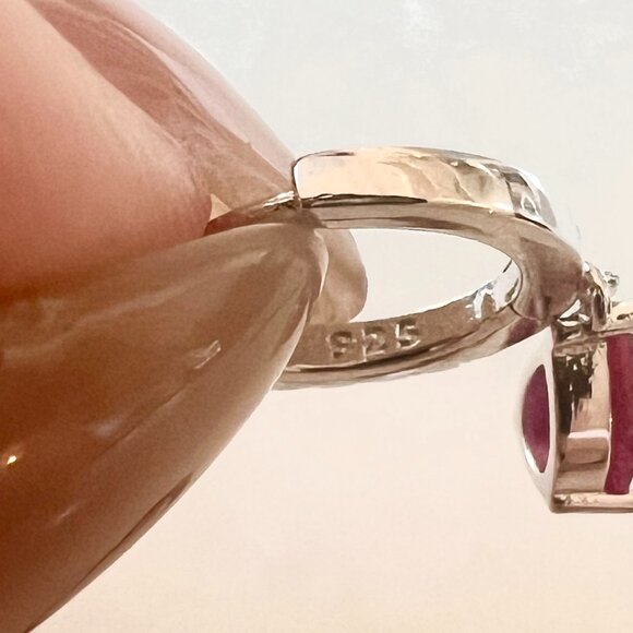 Lab Ruby Drop, Sterling Silver and CZ Huggie Hoops - stamped .925 - Picture 7 of 8